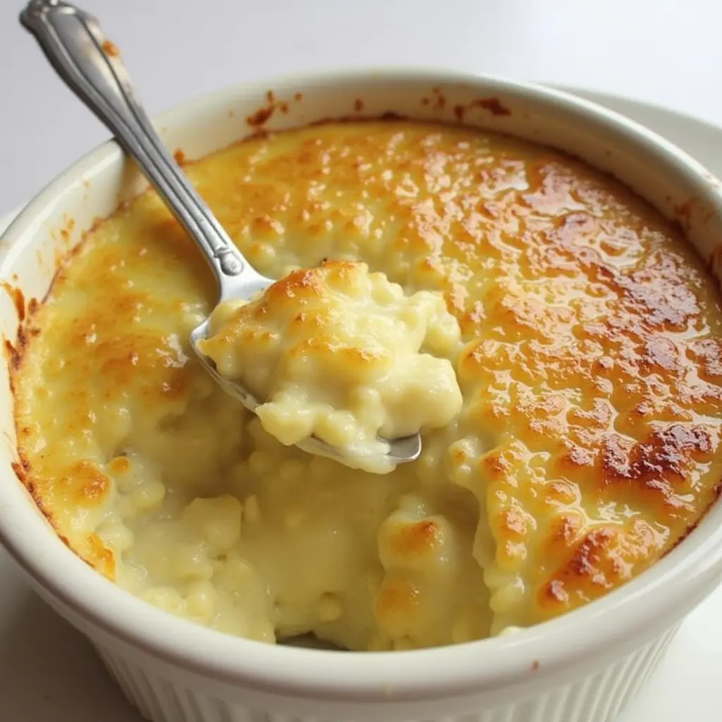 Close-up of a creamy Crab Brulee in a white ramekin, with a golden caramelized crust and a spoonful being lifted to reveal its rich texture.