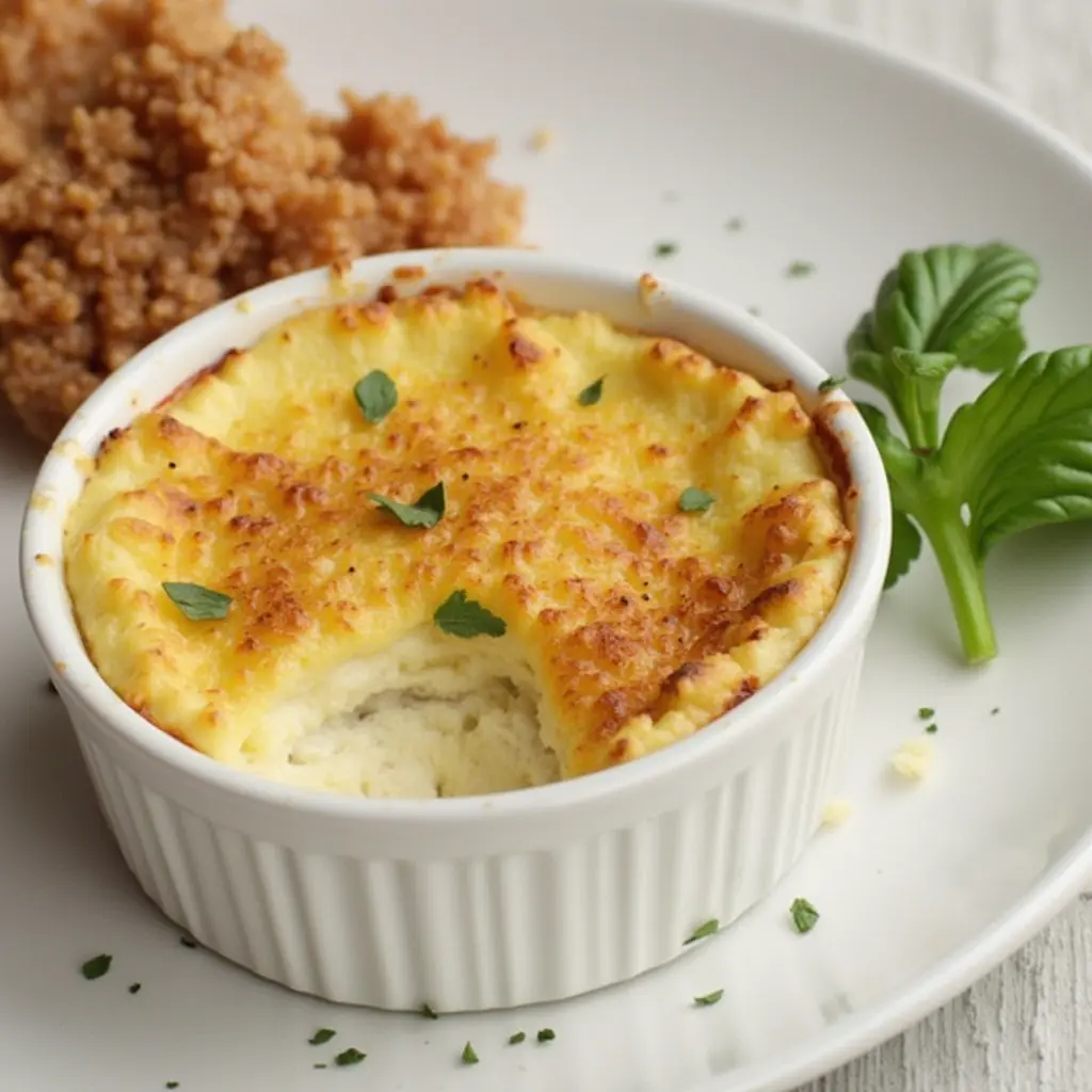 Crab Brulee in a white ramekin, topped with a golden, cheesy crust and garnished with fresh parsley, served on a plate with a side of couscous and basil.