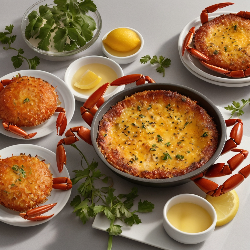 An elegant display of Crab Brulee served in ramekins with golden, cheesy tops, garnished with parsley and surrounded by fresh parsley leaves, lemon wedges, and a bowl of creamy dipping sauce.