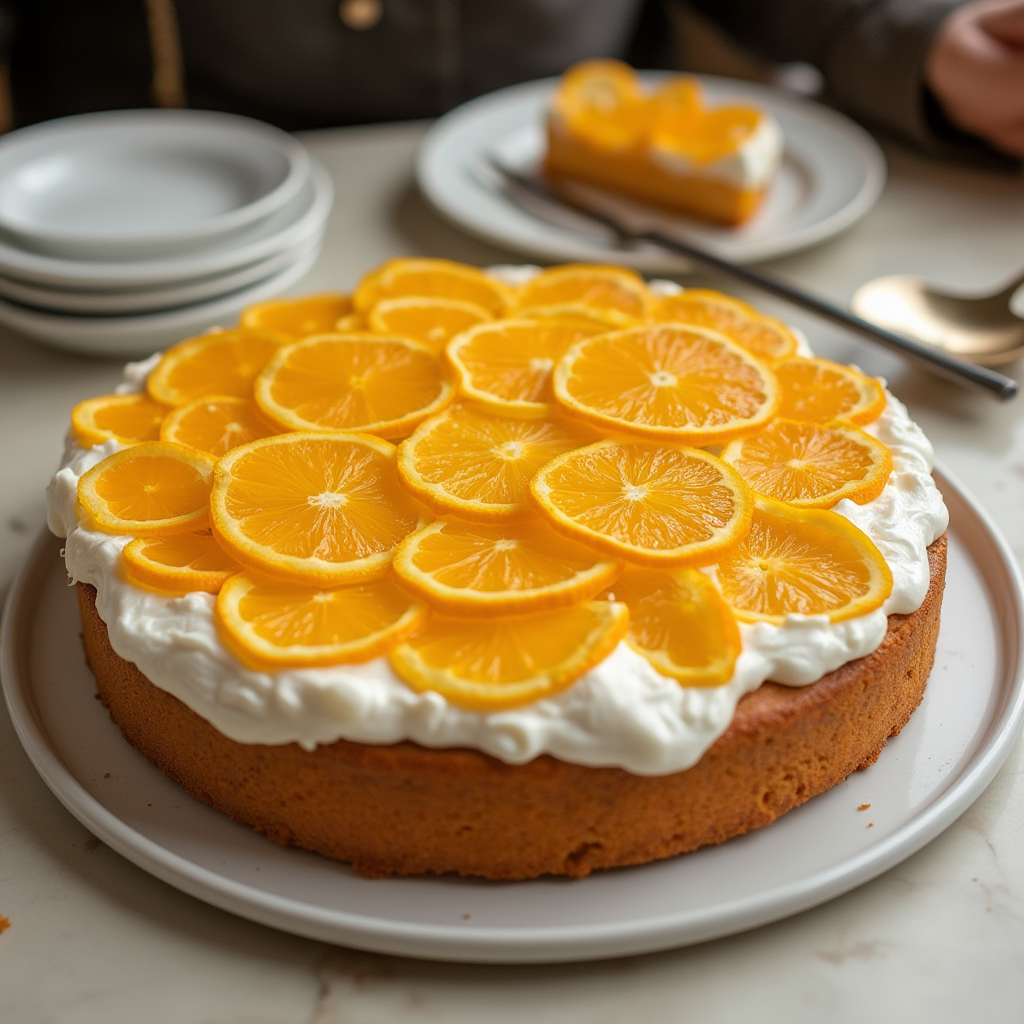 A whole orange cake topped with whipped cream and an arrangement of fresh orange slices, served on a white plate with a slice on a separate plate in the background.