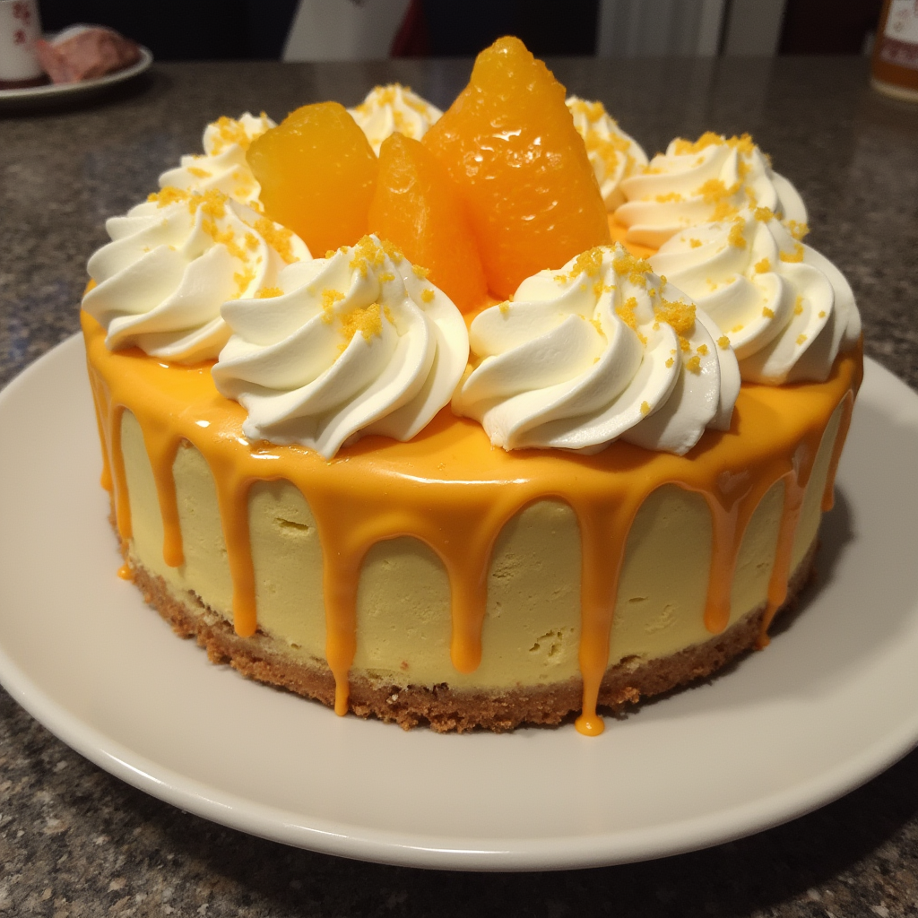 A creamy orange cheesecake with a biscuit base, topped with orange glaze, whipped cream swirls, and fresh orange segments.