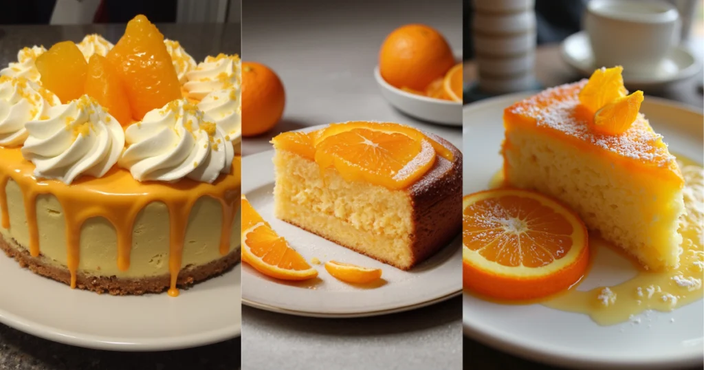 A freshly baked orange cake with a golden crust, garnished with thin slices of fresh orange and a light dusting of powdered sugar, placed on a white plate against a soft, warm background.