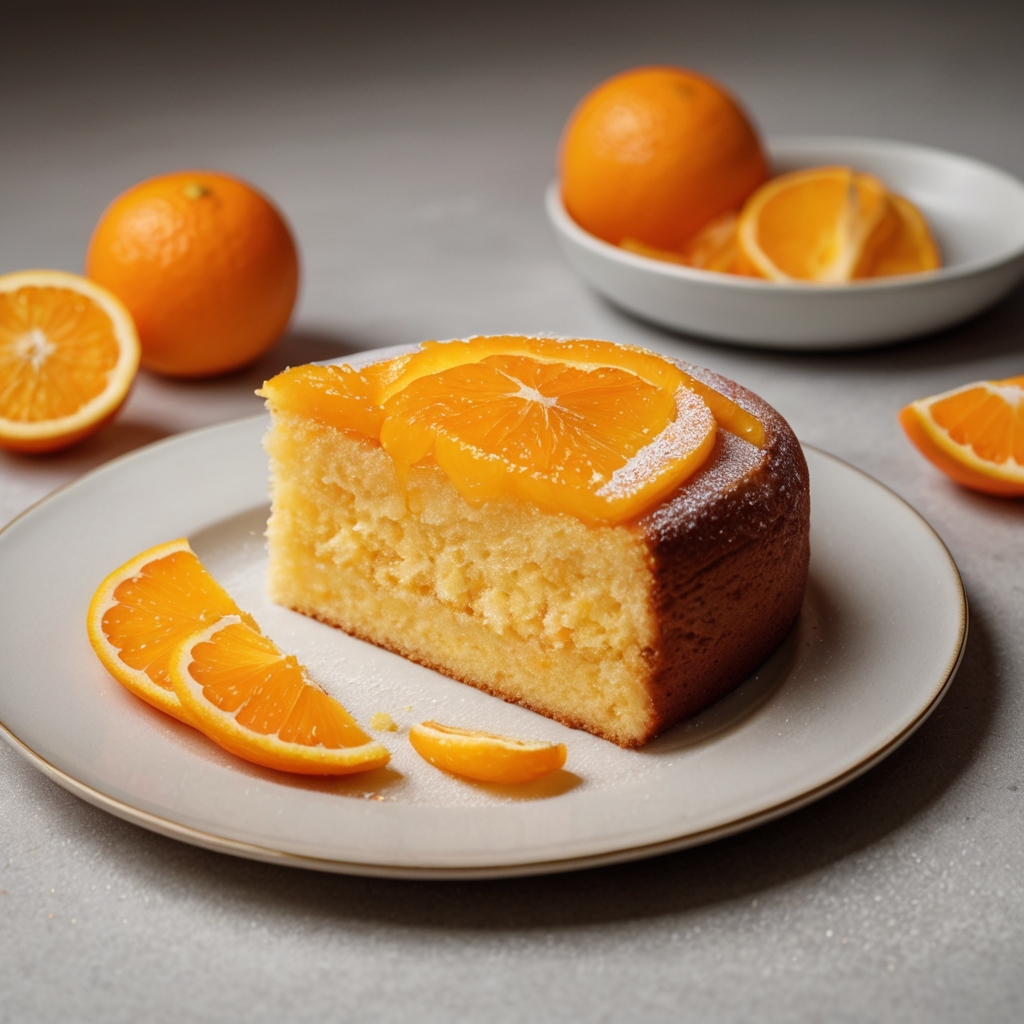 A slice of moist orange cake garnished with fresh orange slices, served on a white plate, with whole oranges and additional orange slices in the background.