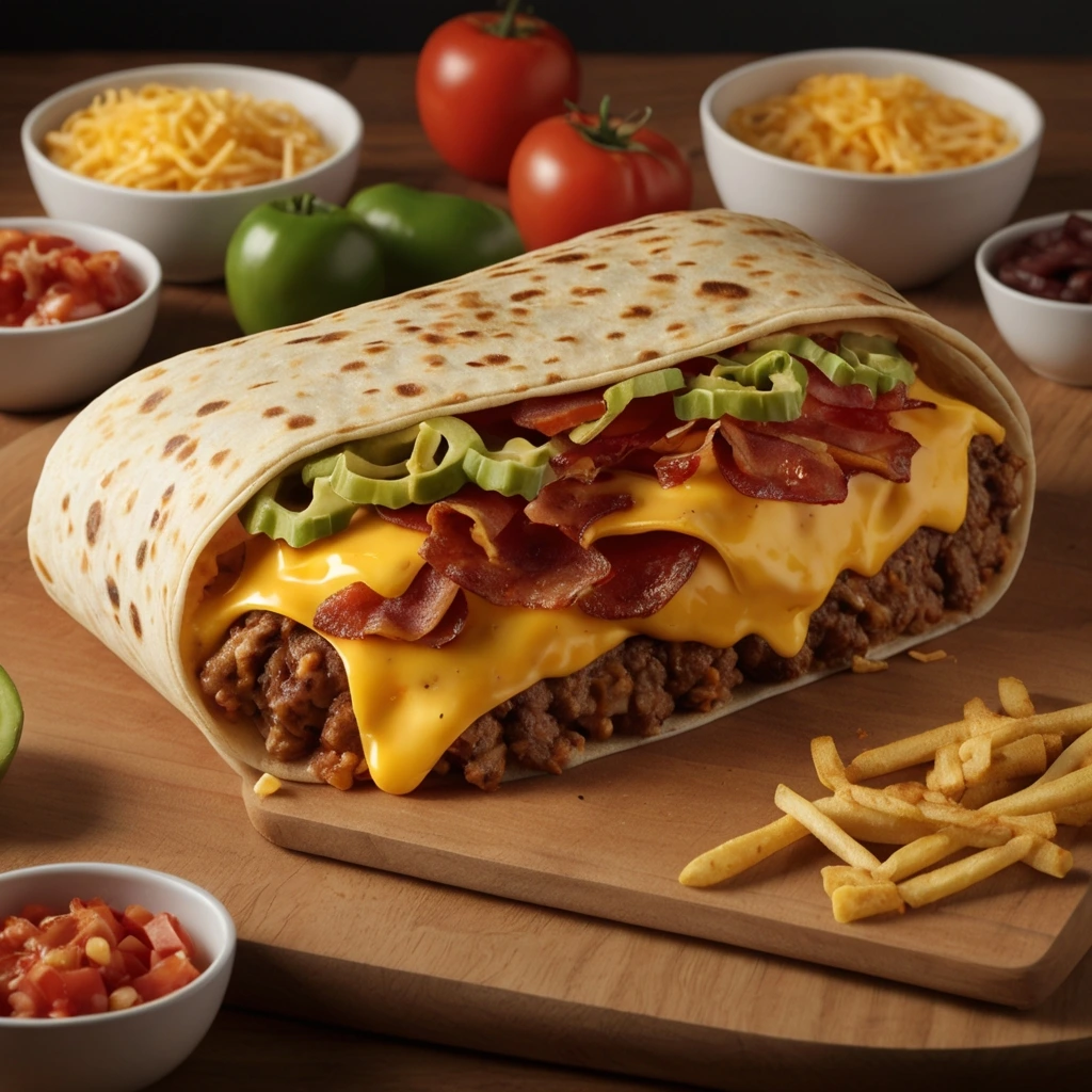 A loaded Ultimate Bacon Cheeseburger Burrito filled with ground beef, crispy bacon, melted cheese, pickles, and fresh toppings, surrounded by bowls of ingredients like tomatoes, shredded cheese, and lettuce.