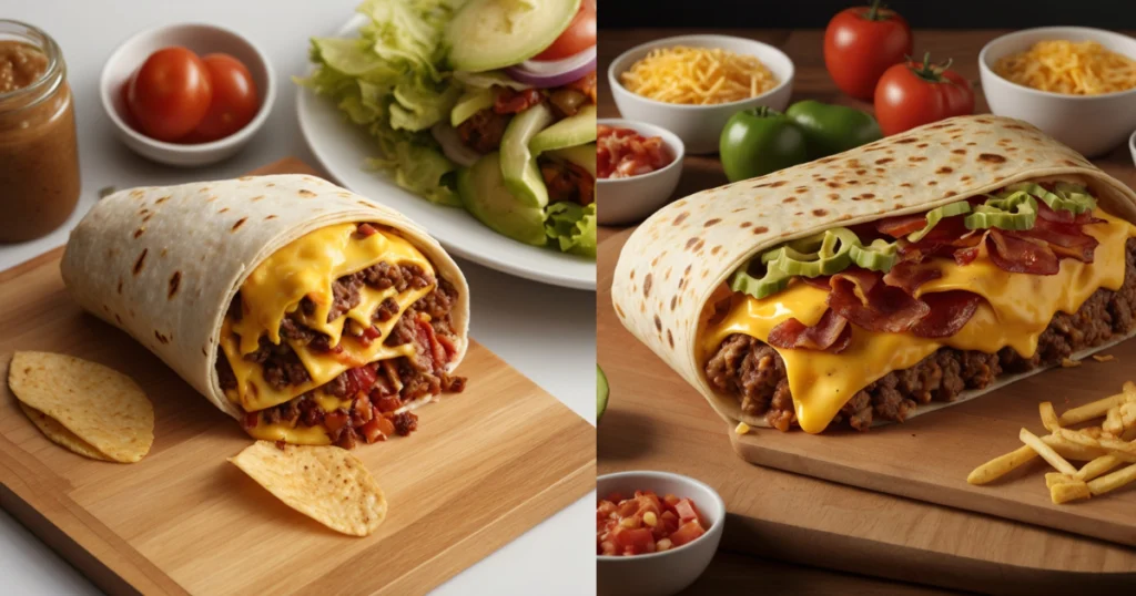 A flavorful Ultimate Bacon Cheeseburger Burrito filled with crispy bacon, seasoned ground beef, melted cheese, and fresh toppings, served on a plate with a side of dipping sauce.