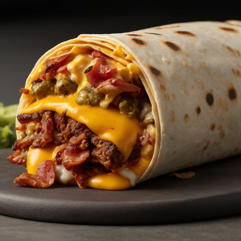 A close-up of an Ultimate Bacon Cheeseburger Burrito filled with juicy ground beef, crispy bacon, melted cheddar cheese, pickles, and creamy sauces, wrapped in a toasted tortilla.