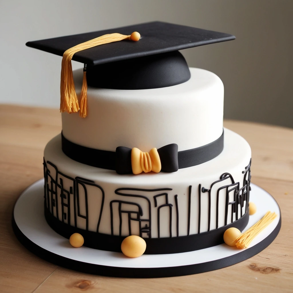 A two-tier graduation cake with a sleek white fondant base, decorated with a black graduation cap topper, a black ribbon with a yellow bow, and artistic black piping details.