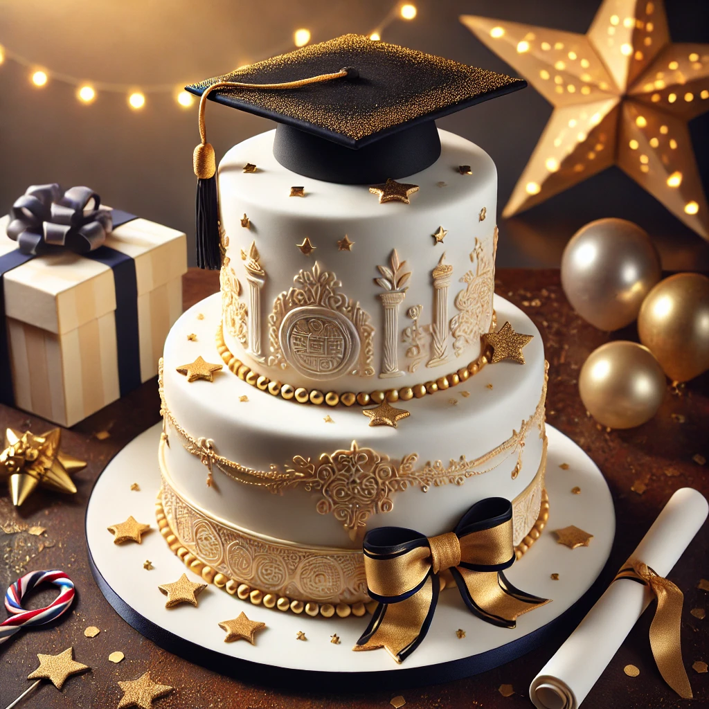 A luxurious two-tier graduation cake with white fondant, gold accents, intricate decorative patterns, and a black graduation cap topper, surrounded by festive balloons, stars, and a rolled diploma.