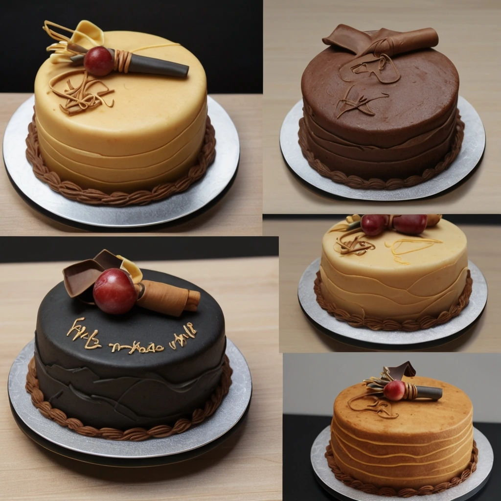 A collection of elegant single-tier cakes in chocolate and caramel tones, adorned with minimalist decorations like chocolate curls, rolled fondant, and red edible ornaments