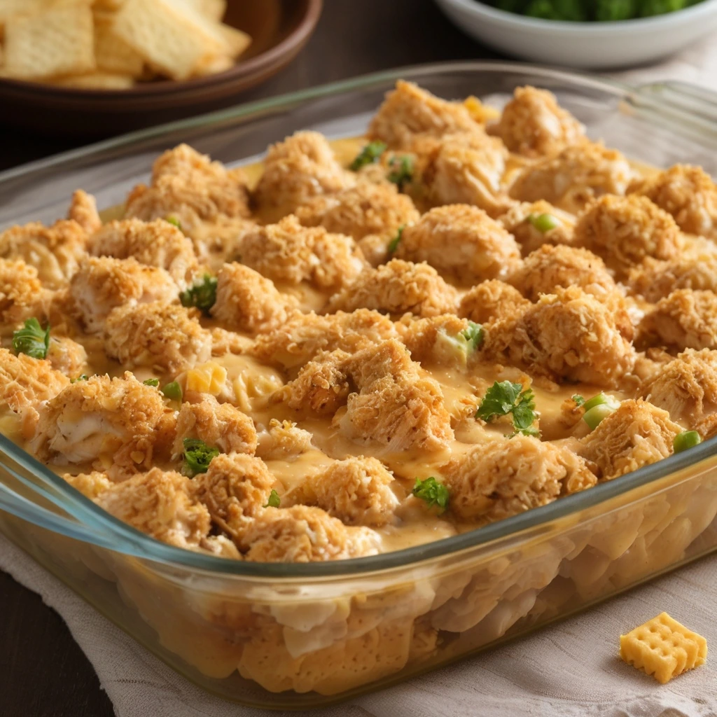 A freshly baked Ritz Cracker Chicken Casserole in a glass baking dish, topped with golden, crispy Ritz crackers and garnished with fresh parsley.