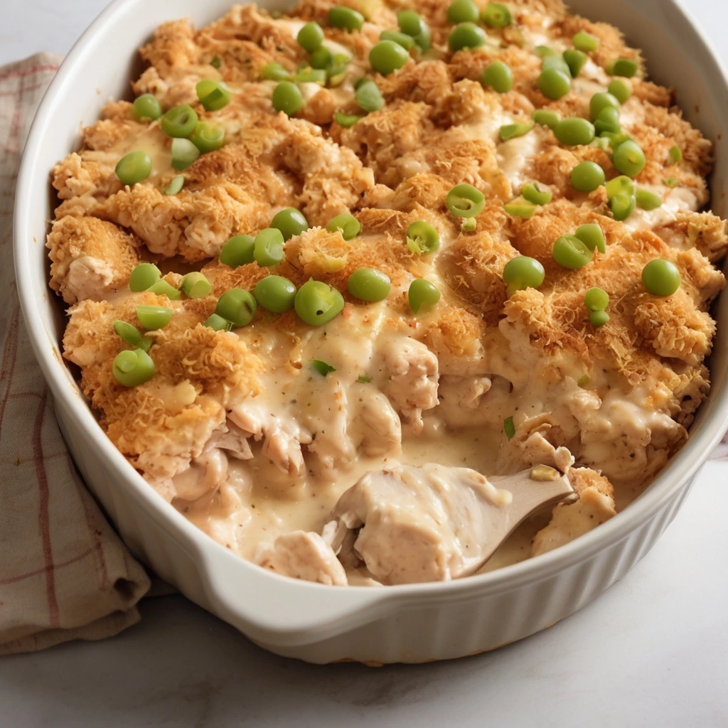 A creamy Ritz Cracker Chicken Casserole in a white baking dish, topped with golden cracker crumbs and green peas, with a serving spoon scooping out a portion.