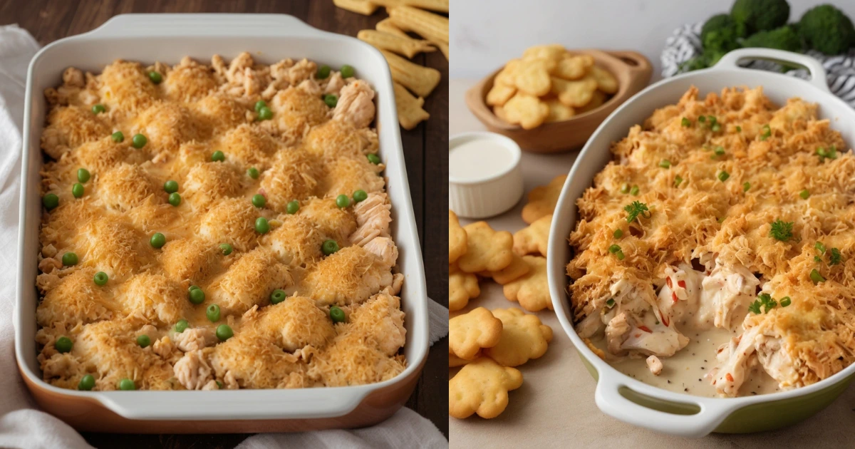 A freshly baked Ritz Cracker Chicken Casserole topped with a golden, buttery Ritz cracker crust, served in a casserole dish with a garnish of fresh parsley.