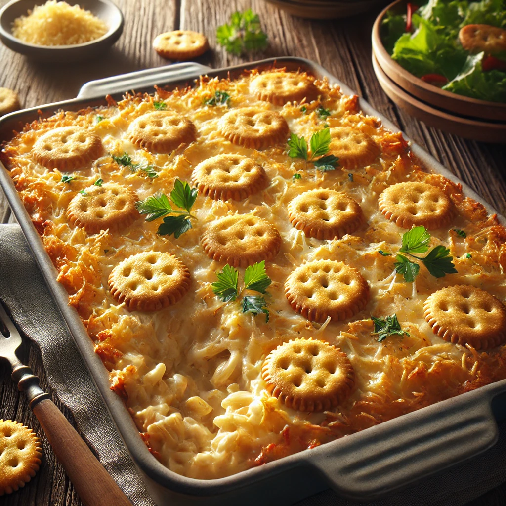 A freshly baked Ritz Cracker Chicken Casserole in a rectangular baking dish, topped with whole Ritz crackers, golden brown crust, and garnished with parsley.